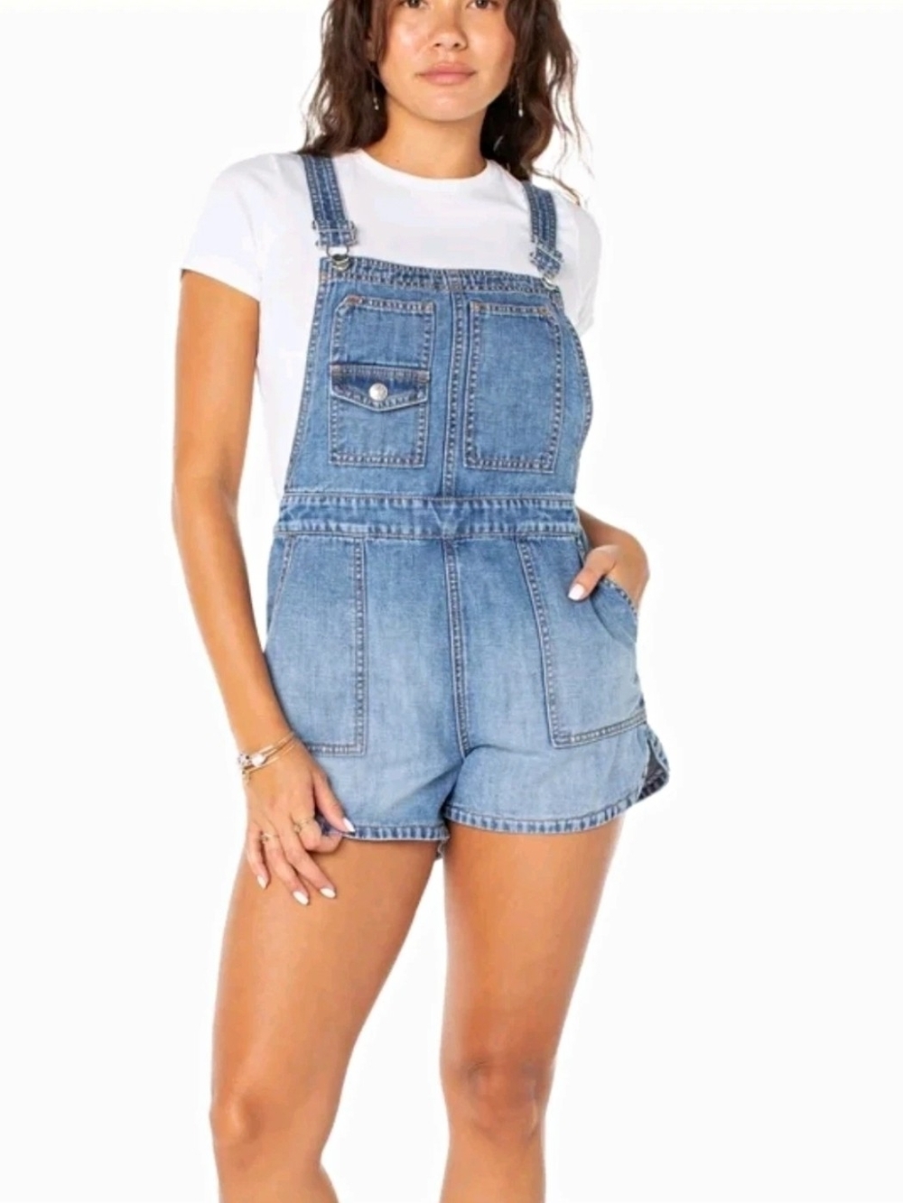 NEW Celebrity Pink Women Blue Denim Overall Pockets Button Size S